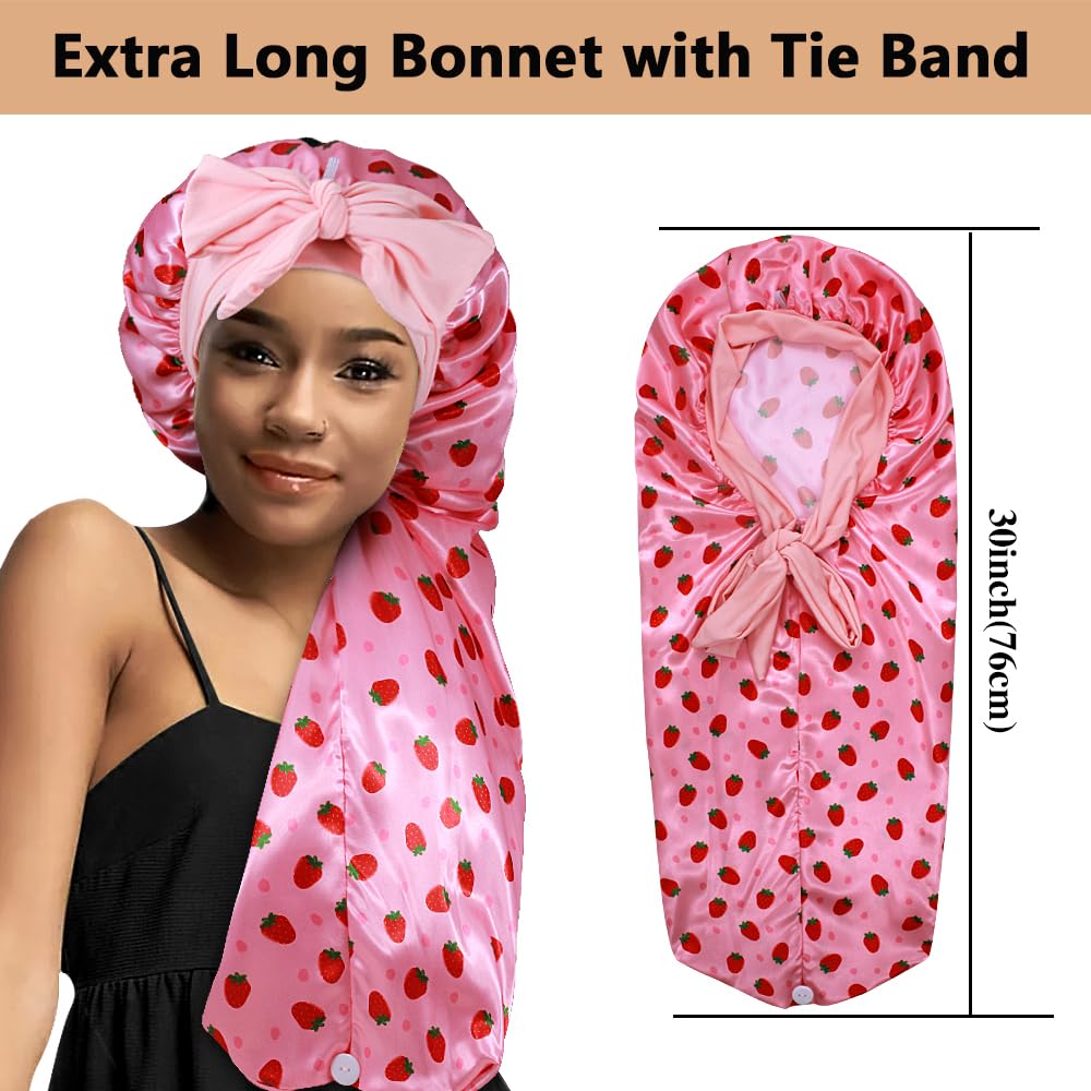 2pcs Long Satin Bonnets with Tie Band, Large Braid Bonnet Silky Hair Cap for Locs Women Sleeping, L