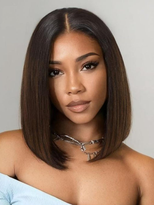 Nadula Balayage Ombre Brown Yaki Straight Bob Drawstring Wig Human Hair Pre Plucked,Pre Cut Glueless 7x5 HD Bye Bye Knots Ready to Wear Short Yaki Bob Wig with Chestnut Brown Highlight 14inch