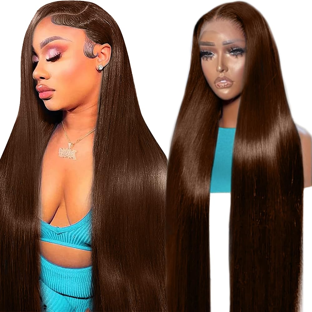 LAPONDAI 24 Inch Brown Straight Lace Front Wigs Human Hair 200 Density Chocolate Brown Lace Front Wig Straight