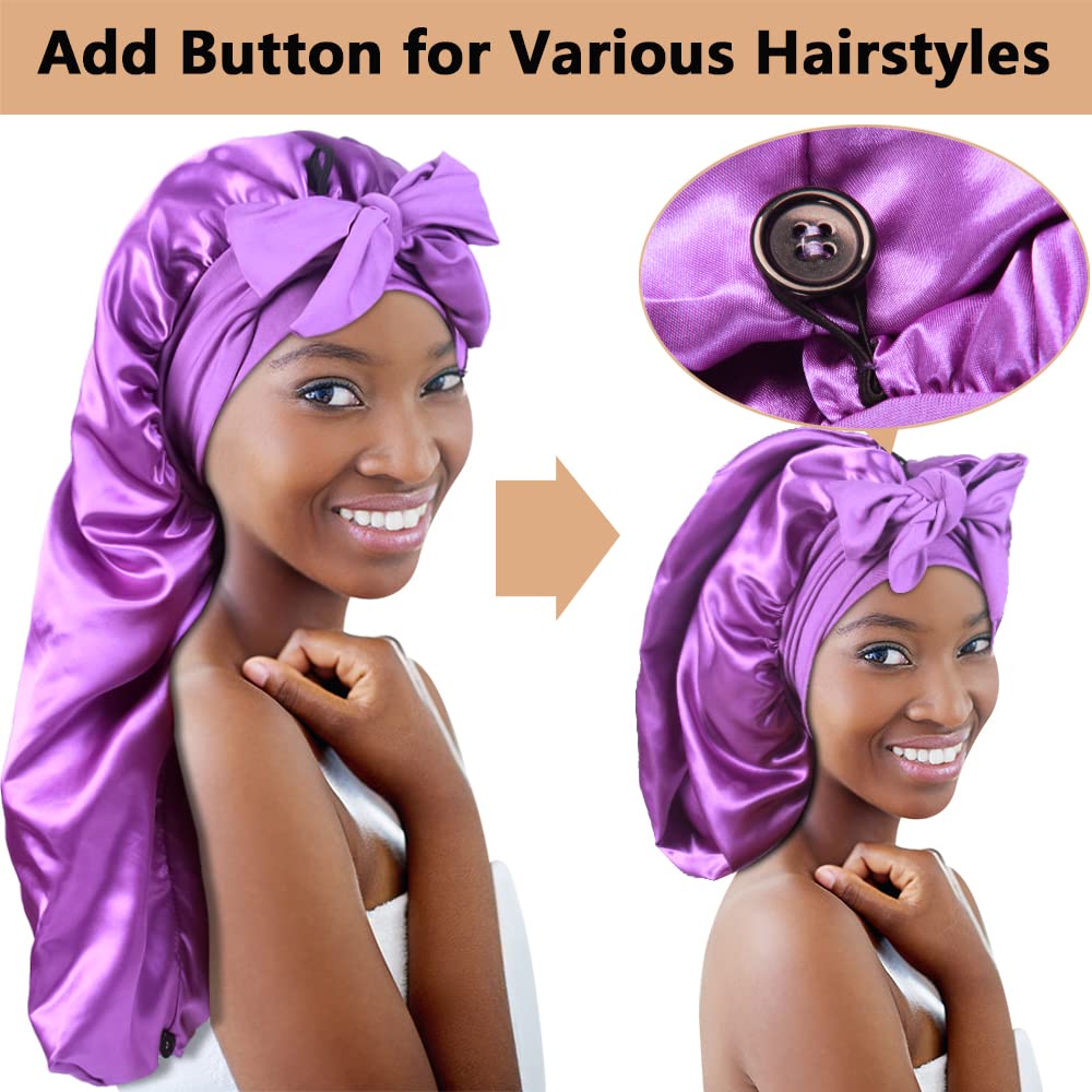 2pcs Long Satin Bonnets with Tie Band, Large Braid Bonnet Silky Hair Cap for Locs Women Sleeping, F