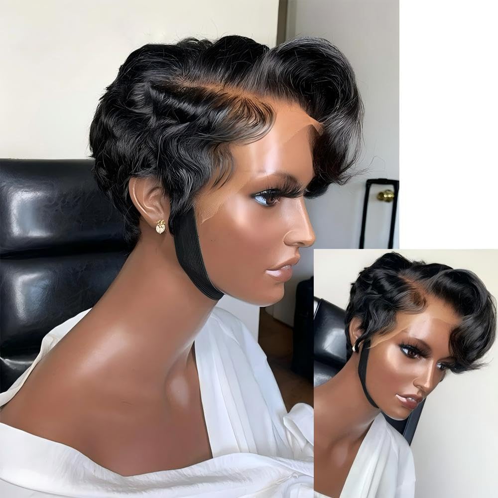 YIAHNGDA Short Lace Front Wigs for Black Women Human Hair Pixie Cut Wig Pre Plucked T Part Lace Wig Bob Wig with Baby Hair 1B Color