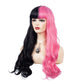 Beweig Half Pink Half Black Wavy Wigs Long Curly Wavy Split Synthetic Wig with Bangs Halloween Cosplay Wigs for Women