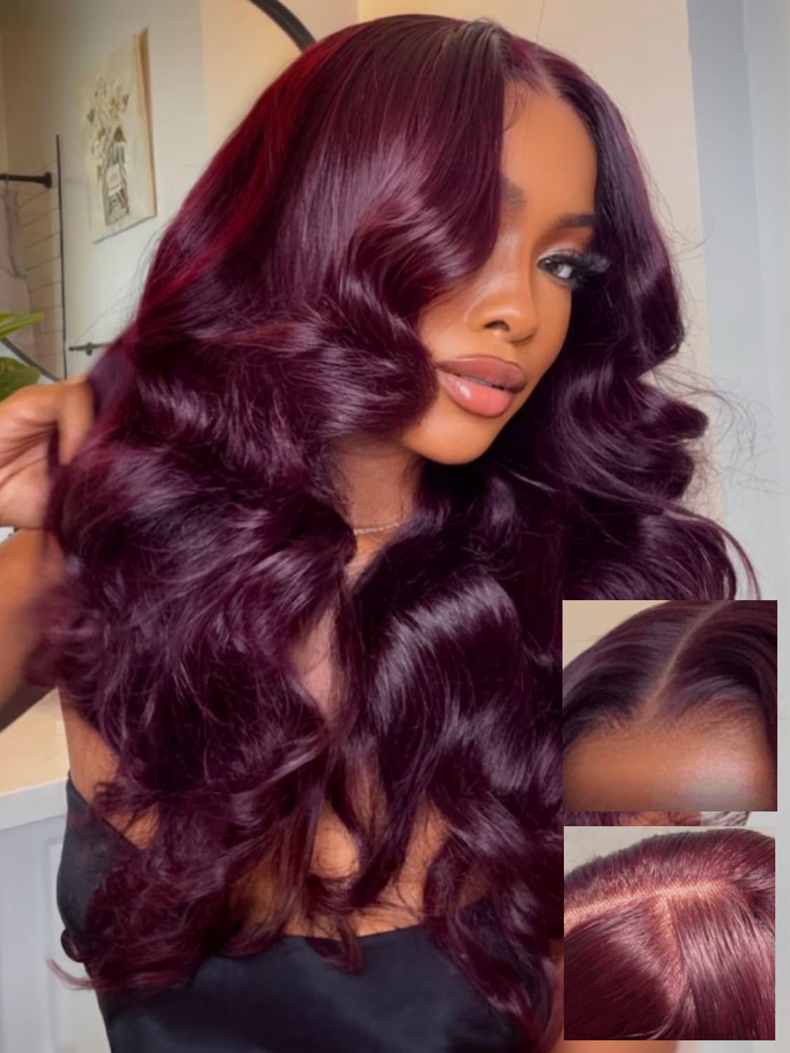 Sunber Purple Black Cherry Loose Body Wave With Drawstring Wig Bye Bye Knots 13x4 Pre-Everything Lace Frontal Glueless Wigs Pre Plucked Pre Bleached Knots 180% Density 16Inch 3S Put On and Go Wigs