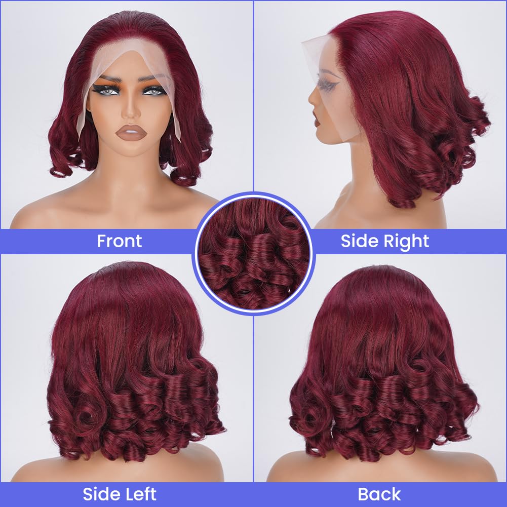 FASCARA 99J Burgundy Body Wave Wig 13x4 HD Transparent Lace Front 180% Density Human Hair Wig with Baby Hair for Black Women 12 Inch
