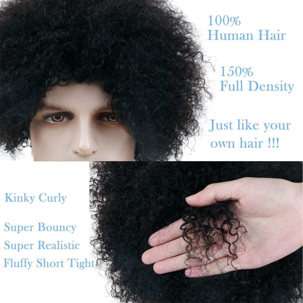BECUS 8 Inch Afro Wig for Black men Short Kinky Curly Human Hair Wigs for Black Men Short African American Male Afro Wig (Natural Spiral Black #1B)