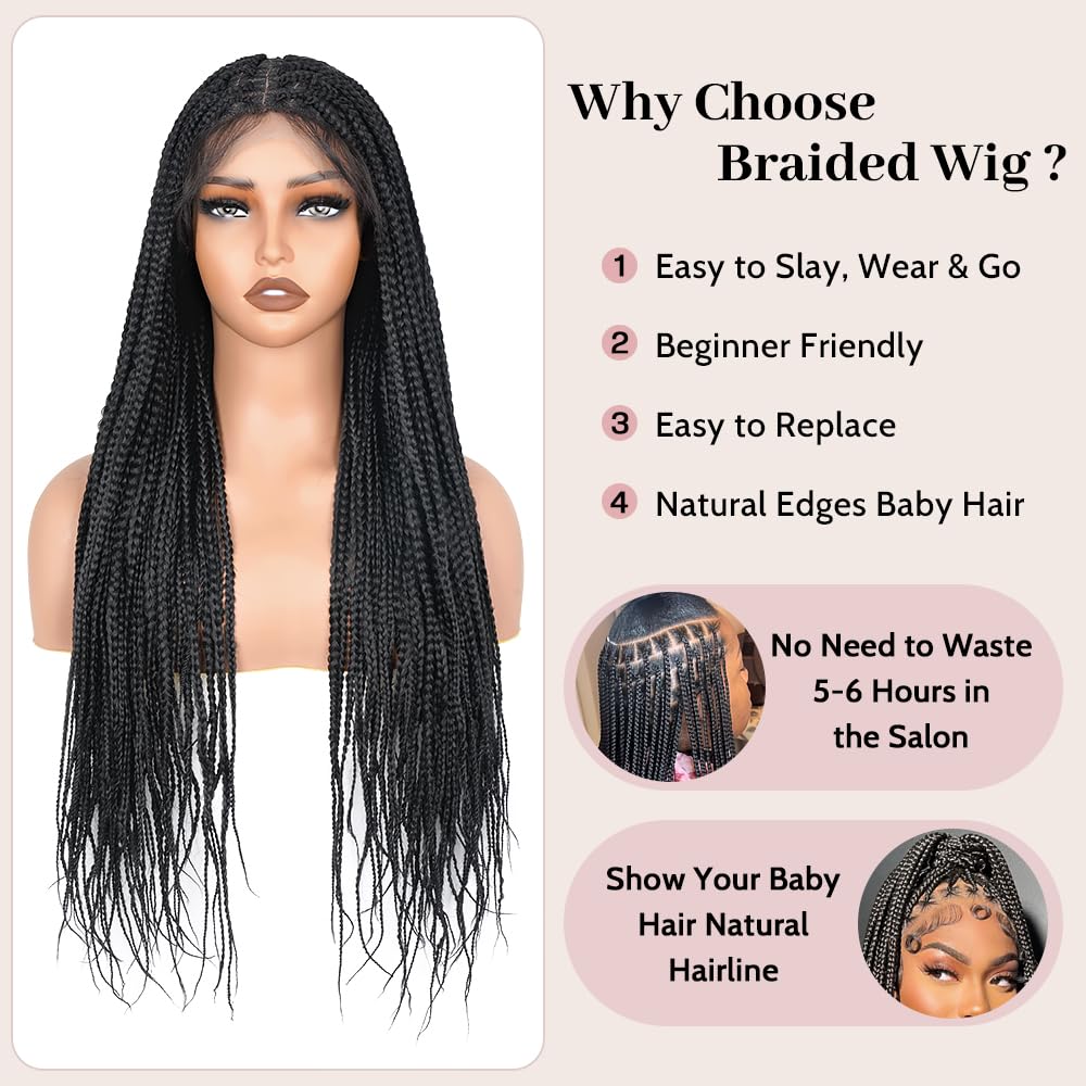 Suntefic Box Braided Wigs for Black Women Glueless Box Braids Wig with Baby Hair Double Full Lace Front Braid Wig Human Hair Blended Braided Wigs (Box Braid（Black）