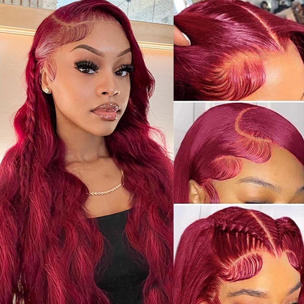 QZOQZO 99J Burgundy Lace Front Wigs Human Hair 13x6 HD Transparent Body Wave Lace Front Wigs Pre Plucked 99j Burgundy Red Wine Glueless Human Hair Wigs for Women Reddish Brown 180% Density 30 Inch
