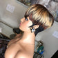 QiaQiaRing 1B/4/27 Pixie Cut Wigs for Black Women Brazilian Human Hair Short Wigs with Bangs Black Mixed Brown and Blonde 150% Density Glueless Wigs