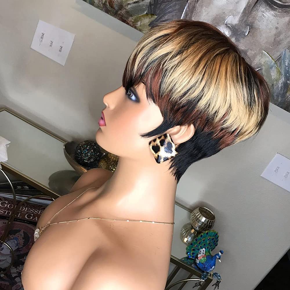 QiaQiaRing 1B/4/27 Pixie Cut Wigs for Black Women Brazilian Human Hair Short Wigs with Bangs Black Mixed Brown and Blonde 150% Density Glueless Wigs