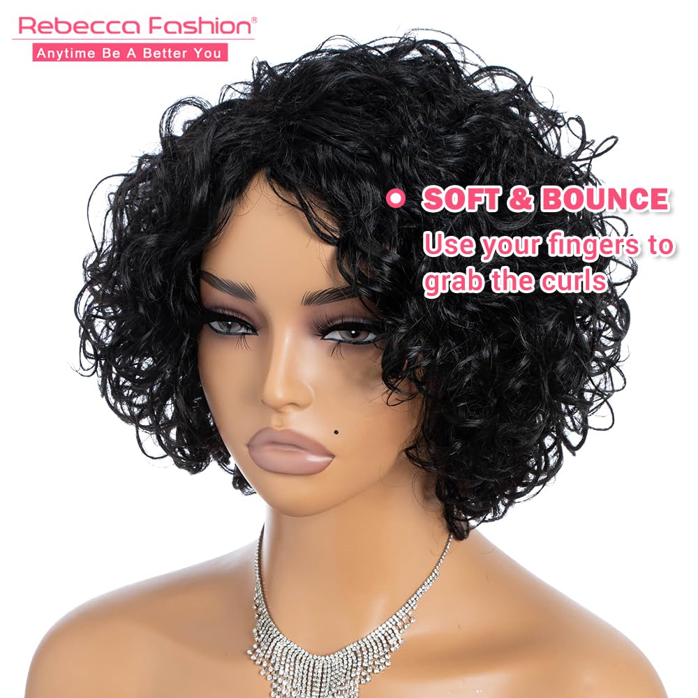 Rebecca Fashion Short Curly Human Hair Wigs for Black Women Cute Curly Bob Wig Side Part Non Lace Glueless Wigs Brazilian Remy Natural Looking Natural Color