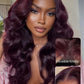 KLAIYI Black Cherry Loose Body Wave Pre Eeverything 13x4 Lace Frontal Wigs Human Hair Bye Bye Knots Glueless Ready to Wear and Go Wig with Face Framing Bangs Drawstring Pre Plucked Burgundy Wig 26Inch