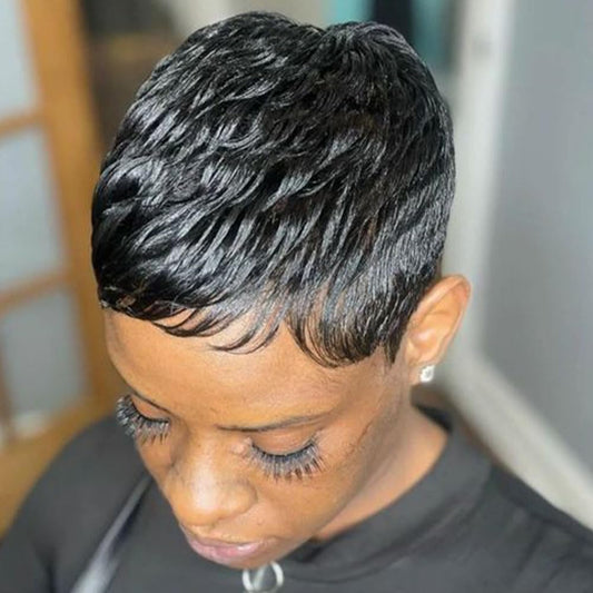 Short Pixie Cut Wigs for Black Women Short Natural Black Curly Wig With Bangs Synthetic Hair Pixie Wig for Women Pixie Cut Wigs Layered Hair Wig (Natural Black)