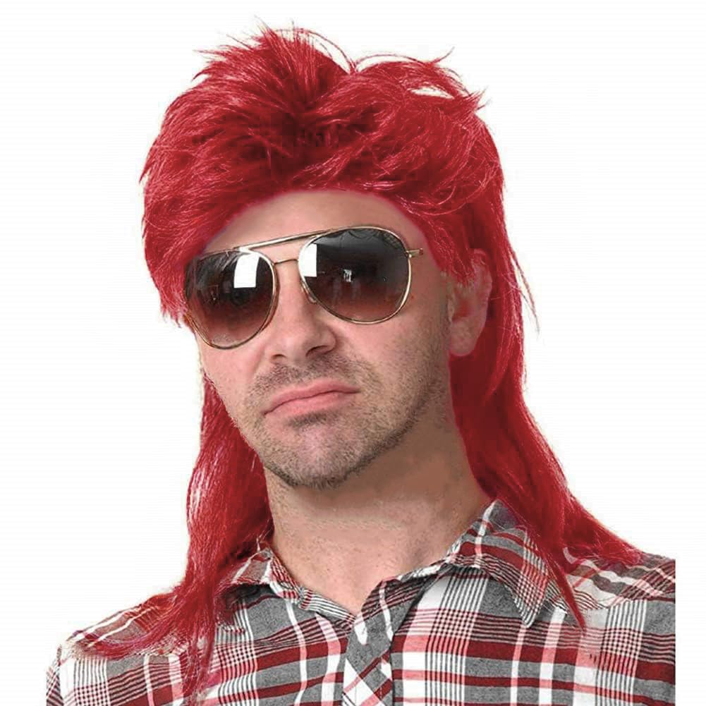 Swiking Red Mullet Wigs for Men 70s 80s Disco Rocker Curly Punk Fancy Party Halloween Cosplay Costume Full Hair Wigs(Red)
