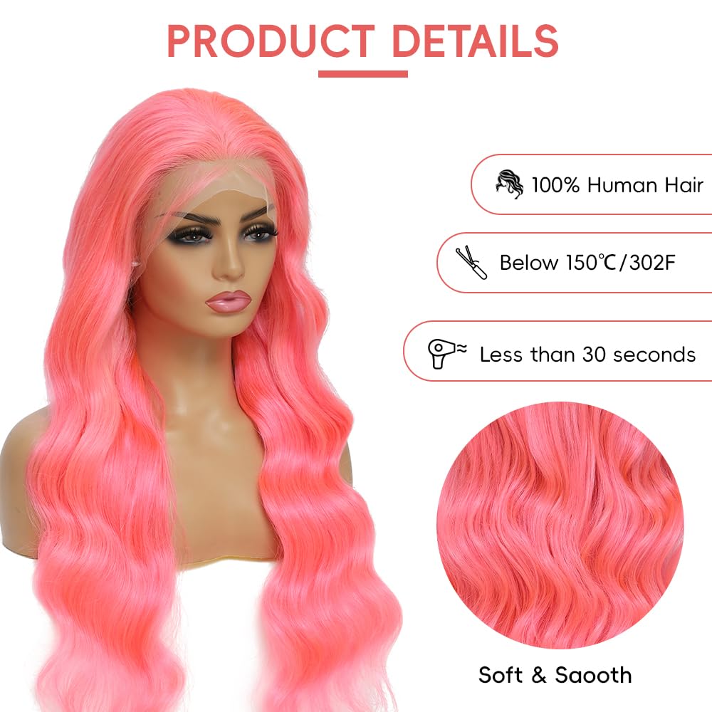 Pink Lace Front Wigs Human Hair Pre Plucked 200% Density Body Wave Pink Wig Human Hair 13x4 HD Lace Frontal Wigs Colored Human Hair Wig Glueless Wigs Human Hair 32 Inch