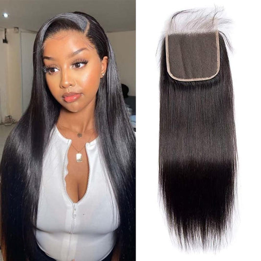 Straight Lace Closure Human Hair 4x4 Free Part Lace Closure 100% Unprocessed Brazilian Virgin Human Hair Extensions 150% Density 12 Inch Lace Closure Pre Plucked Natural Black