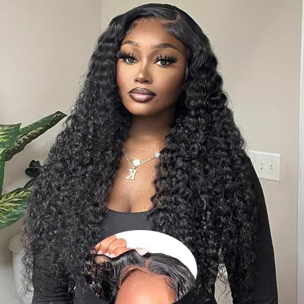 WPPIKK Wear and Go Glueless Wigs Human Hair Pre Plucked Pre Cut Brazilian Deep Wave Lace Front Wigs Human Hair 4x4 Lace Closure Wig for 4x4 Lace Black Color Women Glueless (28 Inch)