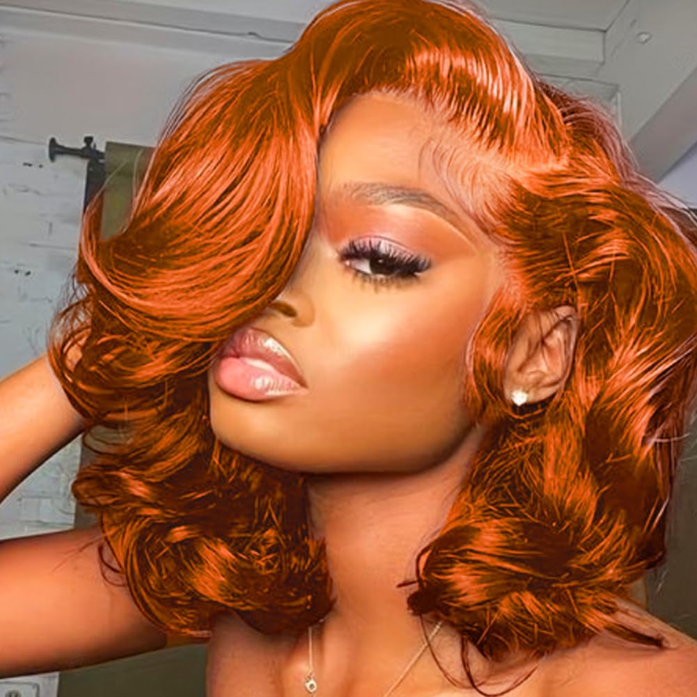 FASCARA Short Wig 350 Ginger Orange 14 Inch 13x4 HD Transparent Lace Front Wig with Baby Hair 180% Density Human Hair for Women