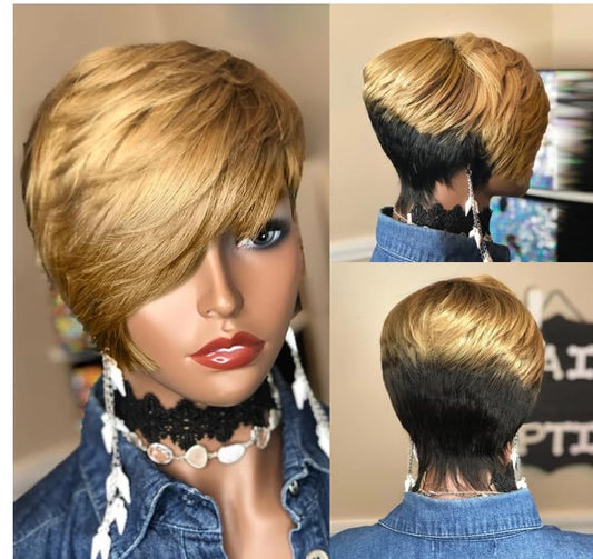 HOTKIS Short Human Hair Wigs for Black Women Short Blonde Bob Pixie Cut Wig Human Hair Short Wigs Human Hair Natural Straight Pixie Wig with Bangs Ombre Blond 1b/27# 8inch