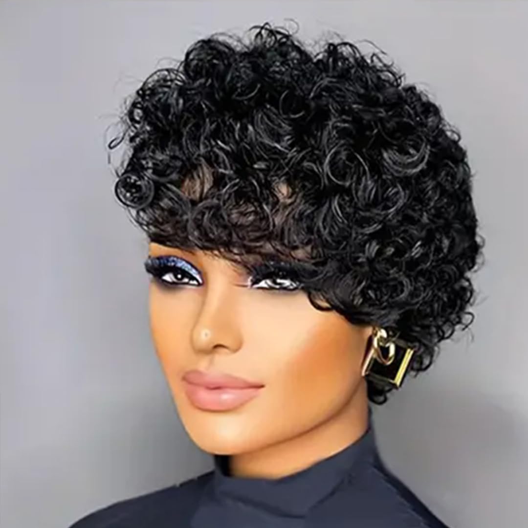 PurpleSexy Chic Elegent Short Curly Pixie Cut Human Hair Wig With Bangs Layered Pixie Wigs for Black Women Brazilian Virgin Curly Wave Human Hair Glueless Full Machine Made Wig