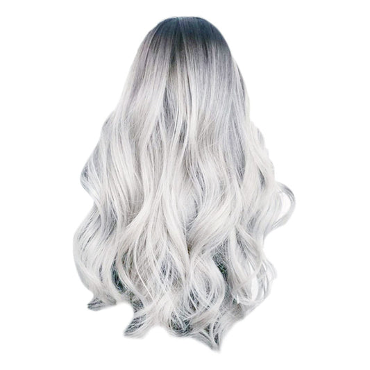 It's A Wig Wigs for Women Full Head Cover Ladies Gray Gradient High Temperature Silk Hair Set Long Big Wave Curly Hair In The Middle Part Dyeing Wig Lace Front for Women（White)