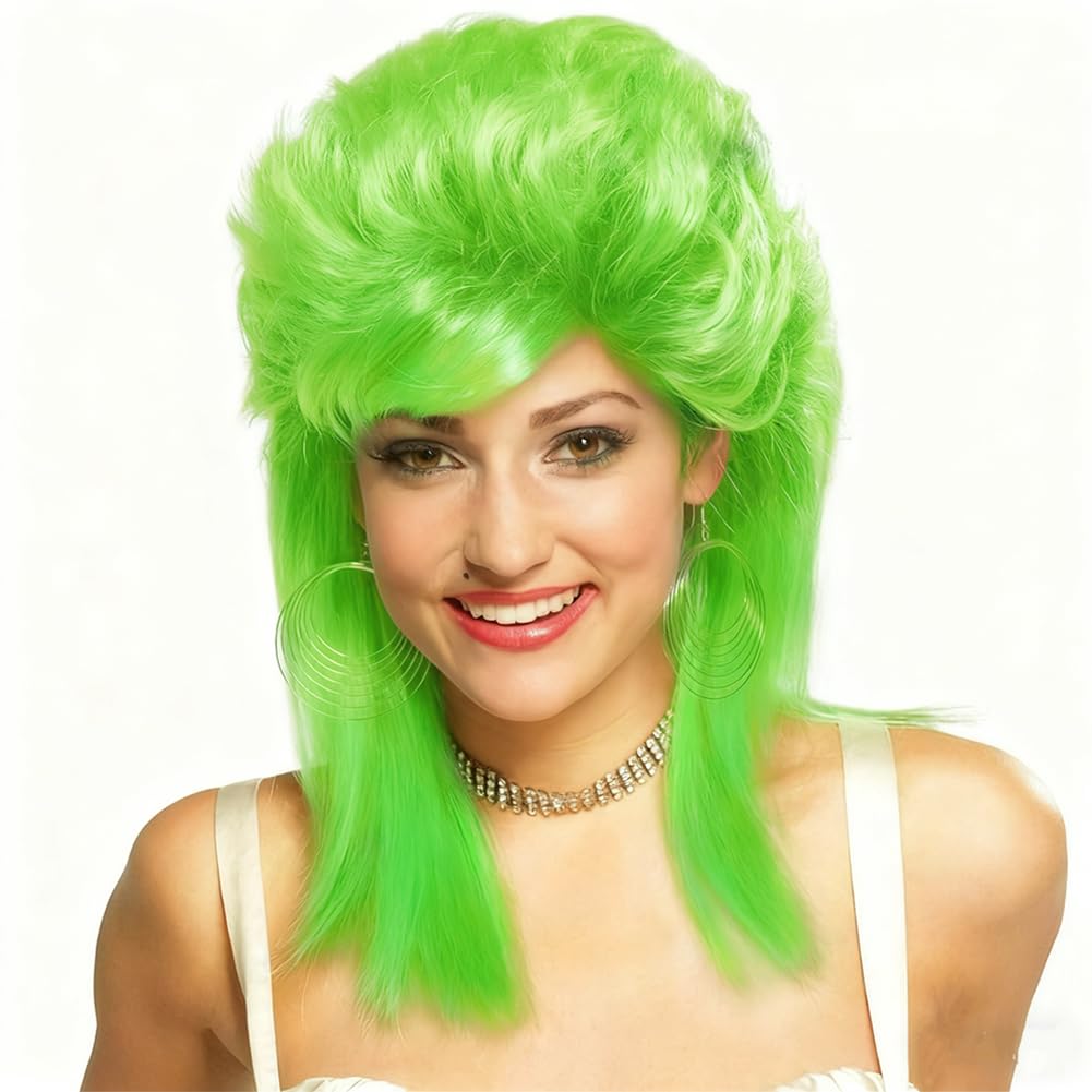 Swiking Lime Green Mullet Wigs for Women 80s Hair Natural Layered Shoulder Length Straight Rocker Cosplay Costume Wigs