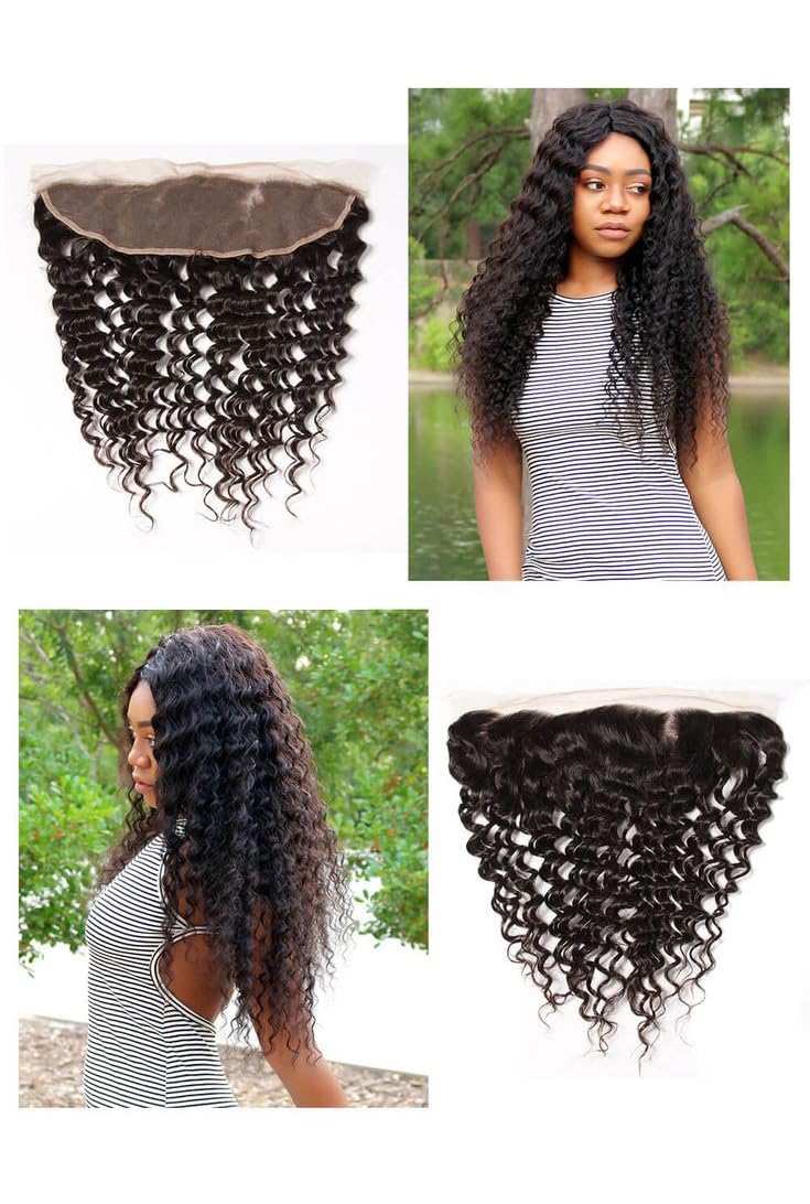 13x4 HD Lace Frontal Closure Deep Wave 20 Inch Ear To Ear Frontal Free Part Closure with Baby Hair Brazilian Virgin Curly Human Hair for Women Pre Plucked Frontals Closure Natural Black