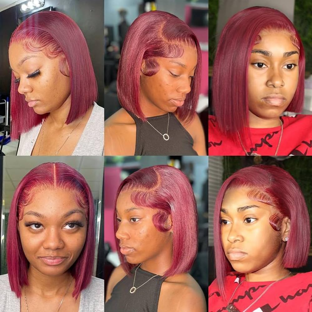 Hoscod 99J Burgundy Bob Wigs Human Hair 12inch 99J Straight Brazilian Hair 13x4 HD Transparent Lace Bob Wig Human Hair 180 Density Lace Front Wig for Women Short Bob Wig Pre Plucked With Baby Hair