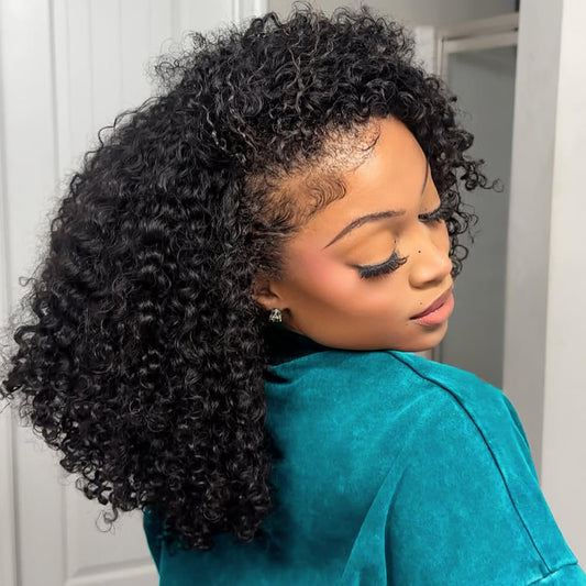 VFFTI Kinky Curly Half Wig Human Hair 200 Density 3 In 1 Drawstring Seamless Flip Half Wigs Wear Go Glueless Wigs Human Hair 18 Inch Curly Half Wig for Women Drawstring Headband Wig Beginner Friendly
