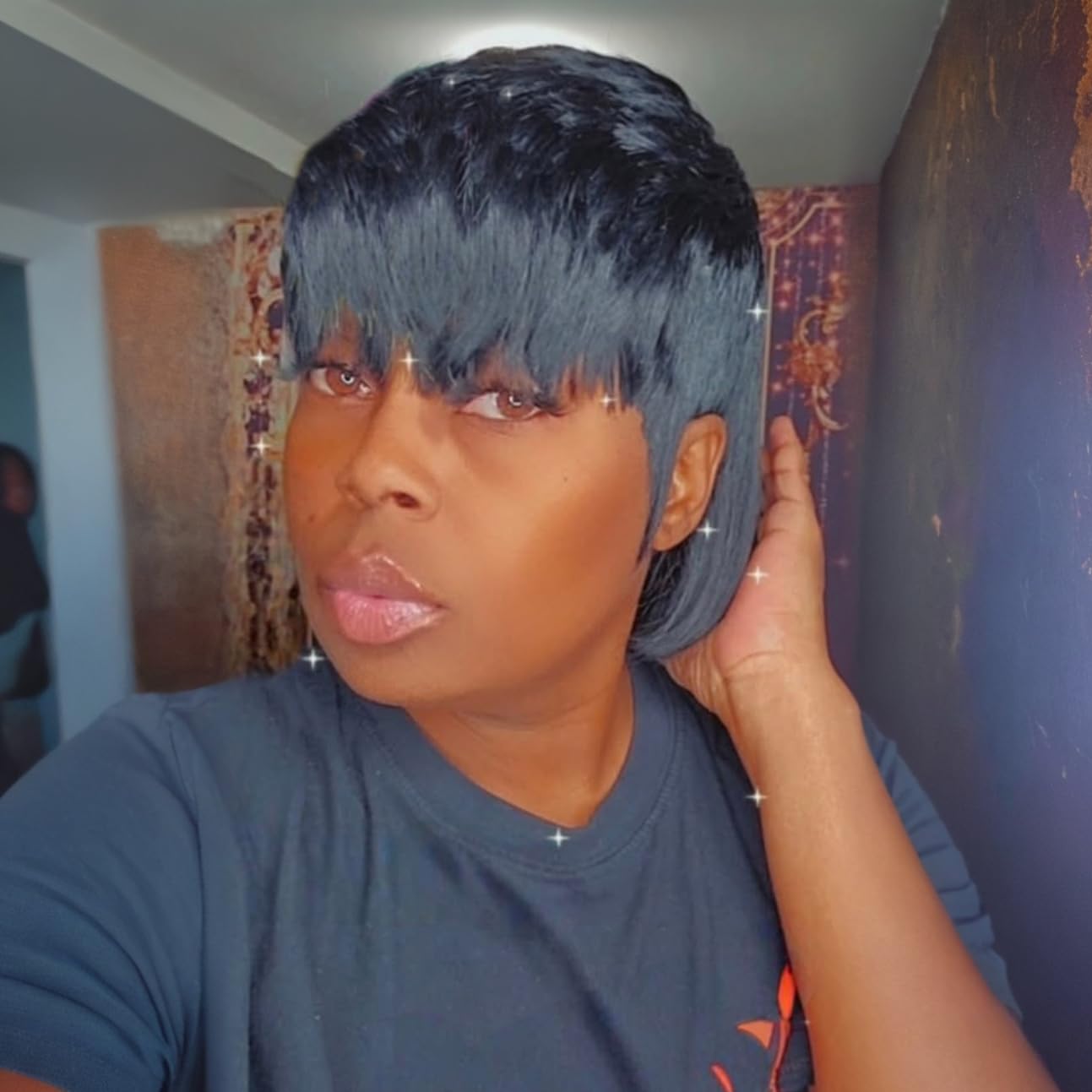 QiaQiaRing Mullet Human Hair Wigs for Black Women Mullet Short Layered Pixie Cut Bob Wigs With Bangs 8inch Natural Black Color Chic Elegent Glueless Brazilian Virgin Straight Human Hair