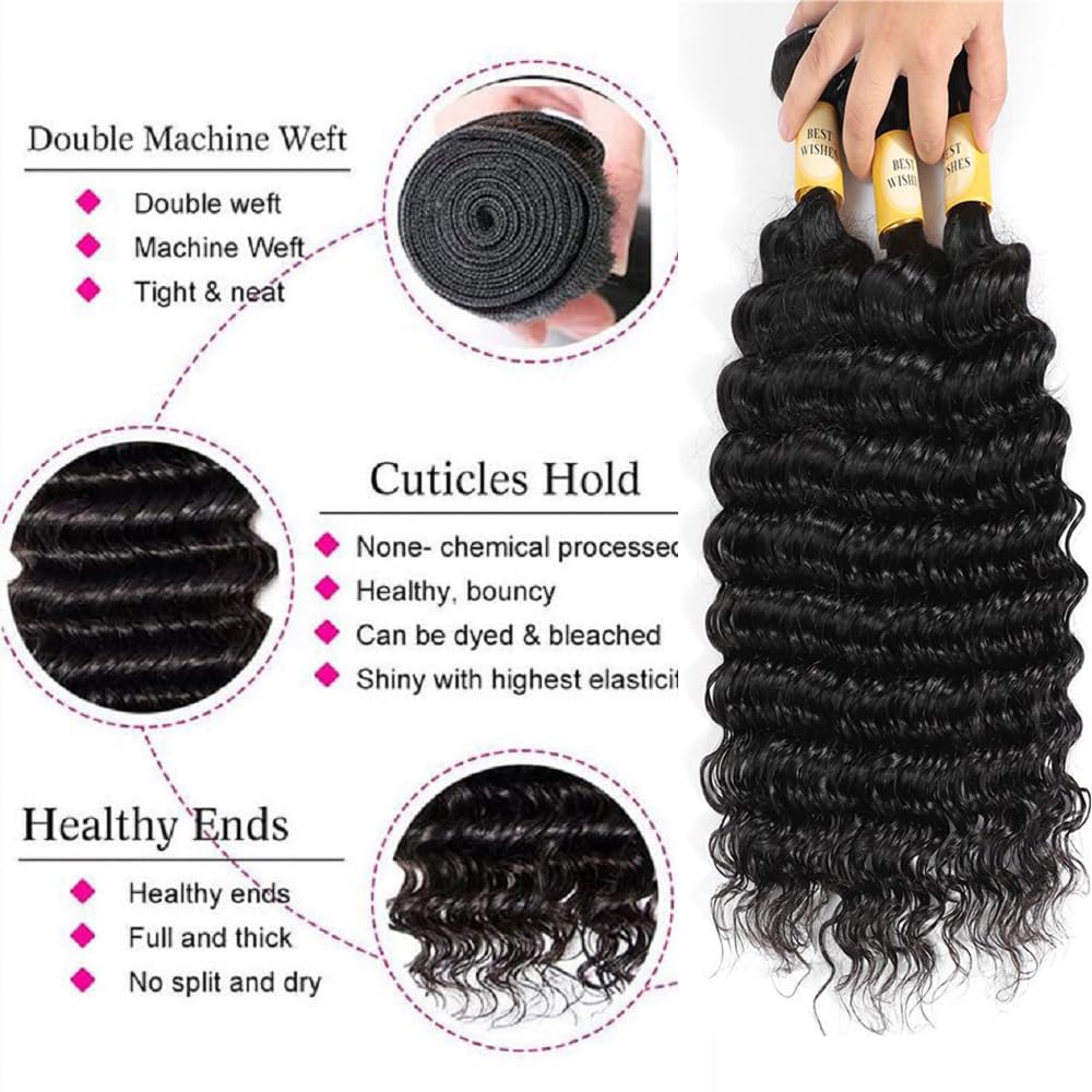 Deep Wave Human Hair Bundles 10 12 14 Inch Curly Bundles Human Hair Weave 100% Unprocessed Brazilian Virgin Remy Hair Wet and Wavy Hair Extensions for Women Natural Black Raw Weft