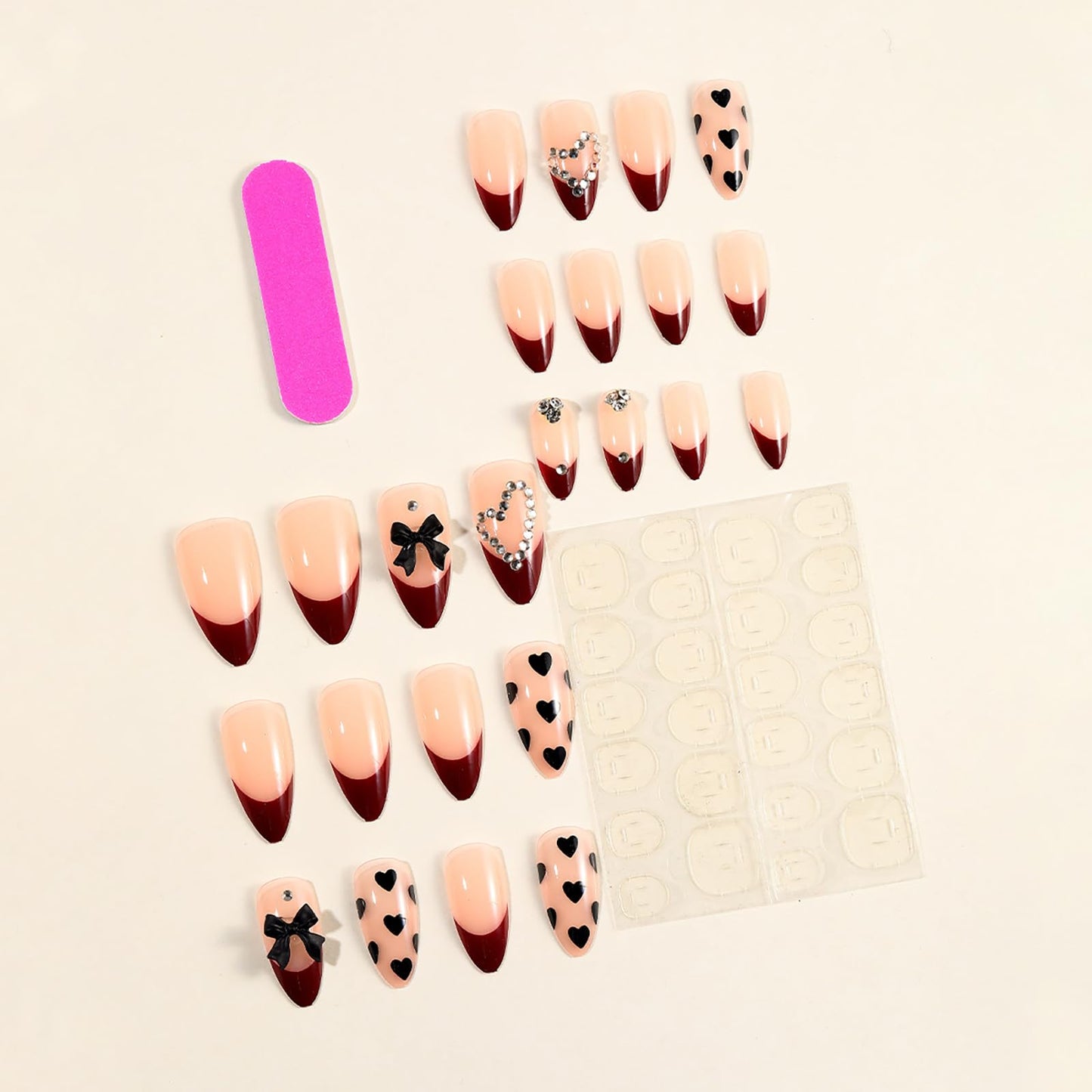 24Pcs Valentines Almond Press on Nails Short Medium Fake Nails French Tip False Nails with 3D Rhinestone Bow Design Handmade Acrylic Nails Press ons Artificial Stick on Nail for Women Cute Heart Nail