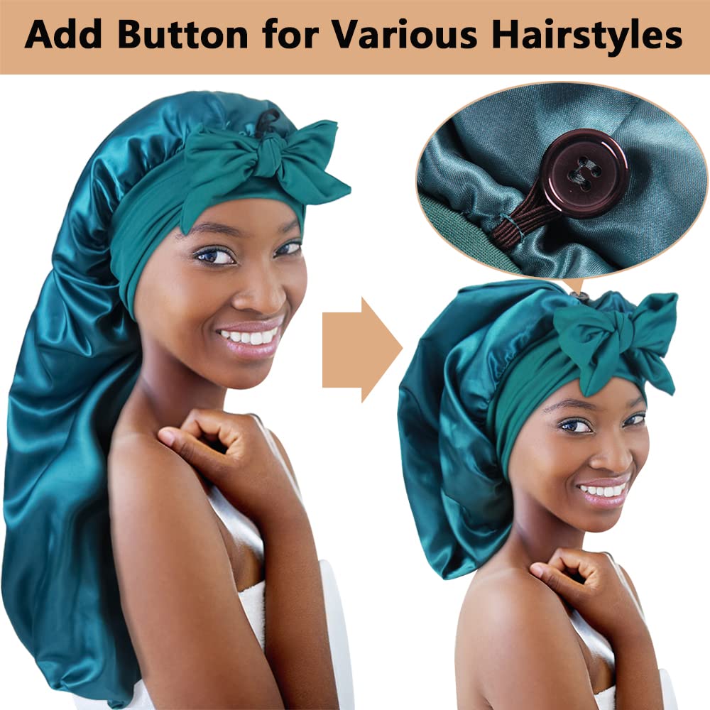2pcs Long Satin Bonnets with Tie Band, Large Braid Bonnet Silky Hair Cap for Locs Women Sleeping, D