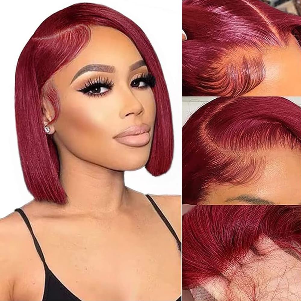 99J Lace Front Wigs Human Hair 8 inch Brazilian Burgundy Straight 13x4 HD Transparent Lace Bob Wig Human Hair Glueless Frontal Wigs Pre Plucked 180% Density Short Bob Wig Human Hair With Baby Hair