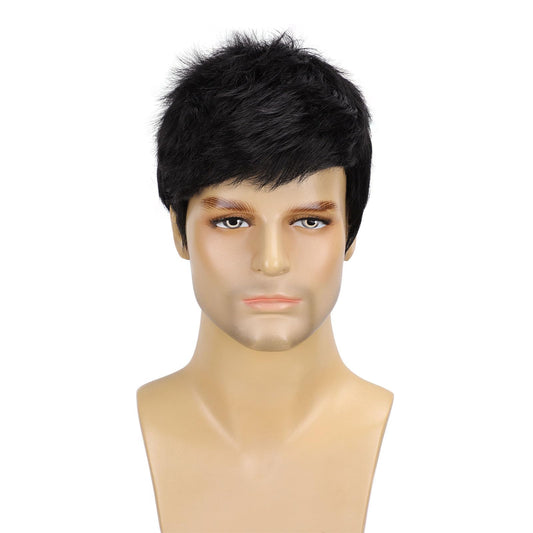 TOPHR Short Mens Wig Black Handsome 6 Inch Heat Resistant Synthetic Straight Male Wigs for Daily Costumes or Halloween Wear