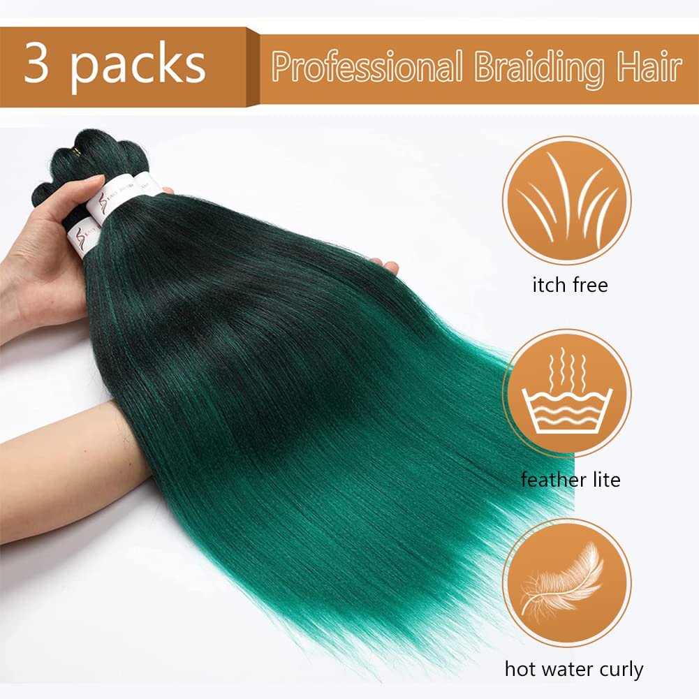 Braiding Hair Pre Stretched 24 inch 3 Packs Ombre Black to Green Professional Soft Yaki Texture,No Itch, Hot Water Setting Hair Extensions for Braids (24in,1B/Green)