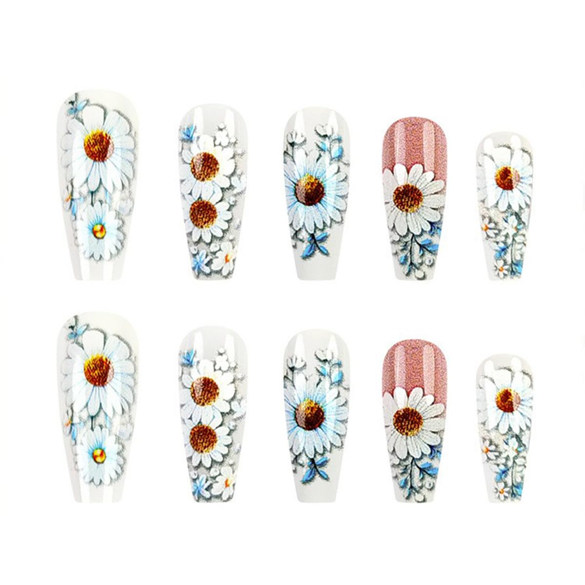 Spring Flower Press on Nails Long Coffin Fake Nails with Daisy Designs Spring Summer Glue on Nails Glossy Flower Acrylic Nails Full Cover False Nails with Glue Reusable Stick on Nails for Women 24PCS