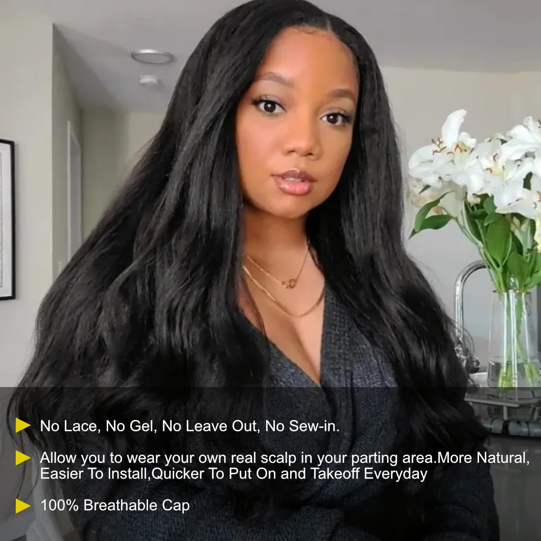 Sunber V Part Wig Human Hair Glueless Wig Kinky Straight Upgrade No Leave Out Vpart Kinky Straight Wigs 150% Density Glueless Clip in Half Wigs No Glue No Sew in Beginner Friendly 22Inch