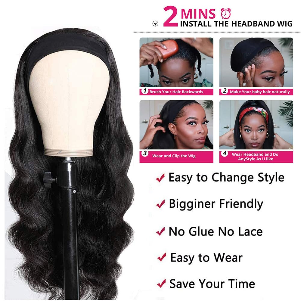 olimaruly Headband Wig Human Hair Body Wave Headband Wigs for Black Women Brazilian Virgin Hair 16 Inch Glueless Wigs Human Hair Headband Wig 150% Density Natural Color