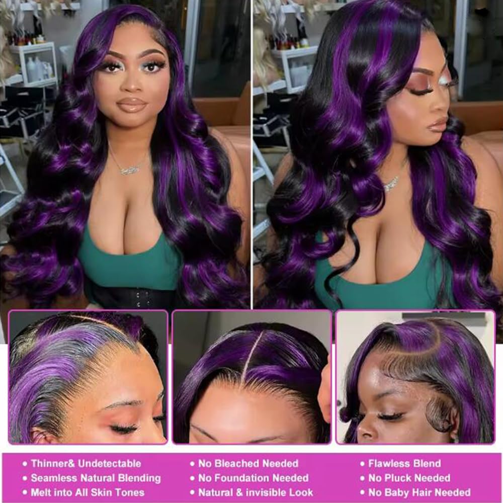 SISIFIRE Purple Highlight Lace Front Wig Pre-plucked Hairline Synthetic Heat Resistant Fiber Lace Front Wigs for Women Glueless 13X4 Inch Long Loose Curly Wavy Wigs