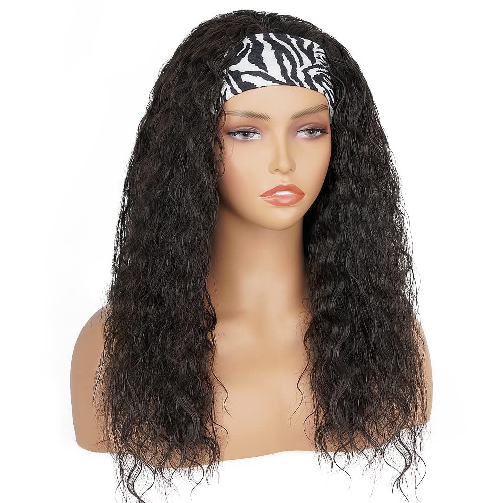 Curly Headband Wig, Beginner Friendly Wear and Go Glueless Wig with Headband Attached, Heat-resistant Soft Synthetic Hair As Human Hair, Water Wave Half Wigs for Black Women (Natural Black, 18 Inch)