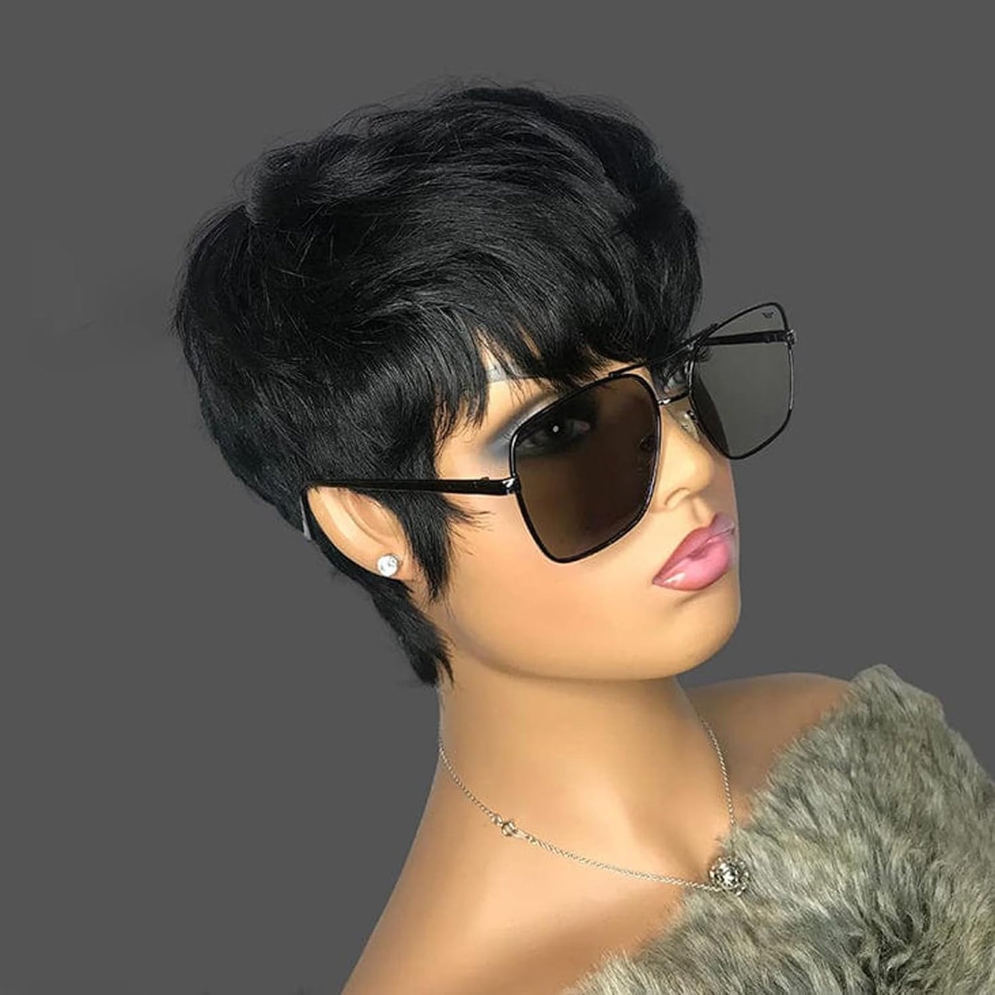 QiaQiaRing Chic Elegent Pixie Cut Wigs for Black Women Natural Black Daily Use Color Glueless Short Layered Pixie Wigs With Bangs Brazilian Virgin Straight Human Hair (Black)