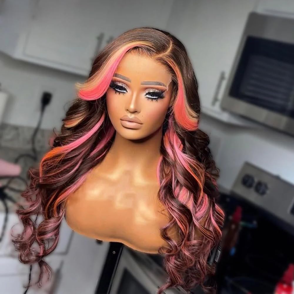 SISIFIRE Highlight Pink Body Wave Lace Front Wigs for Women 13 * 5 * 1 Inch Heat Resistant Fiber Ombre Pink Wavy Wig with Baby Hair Synthetic Lace Front Wig for Daily Party Use