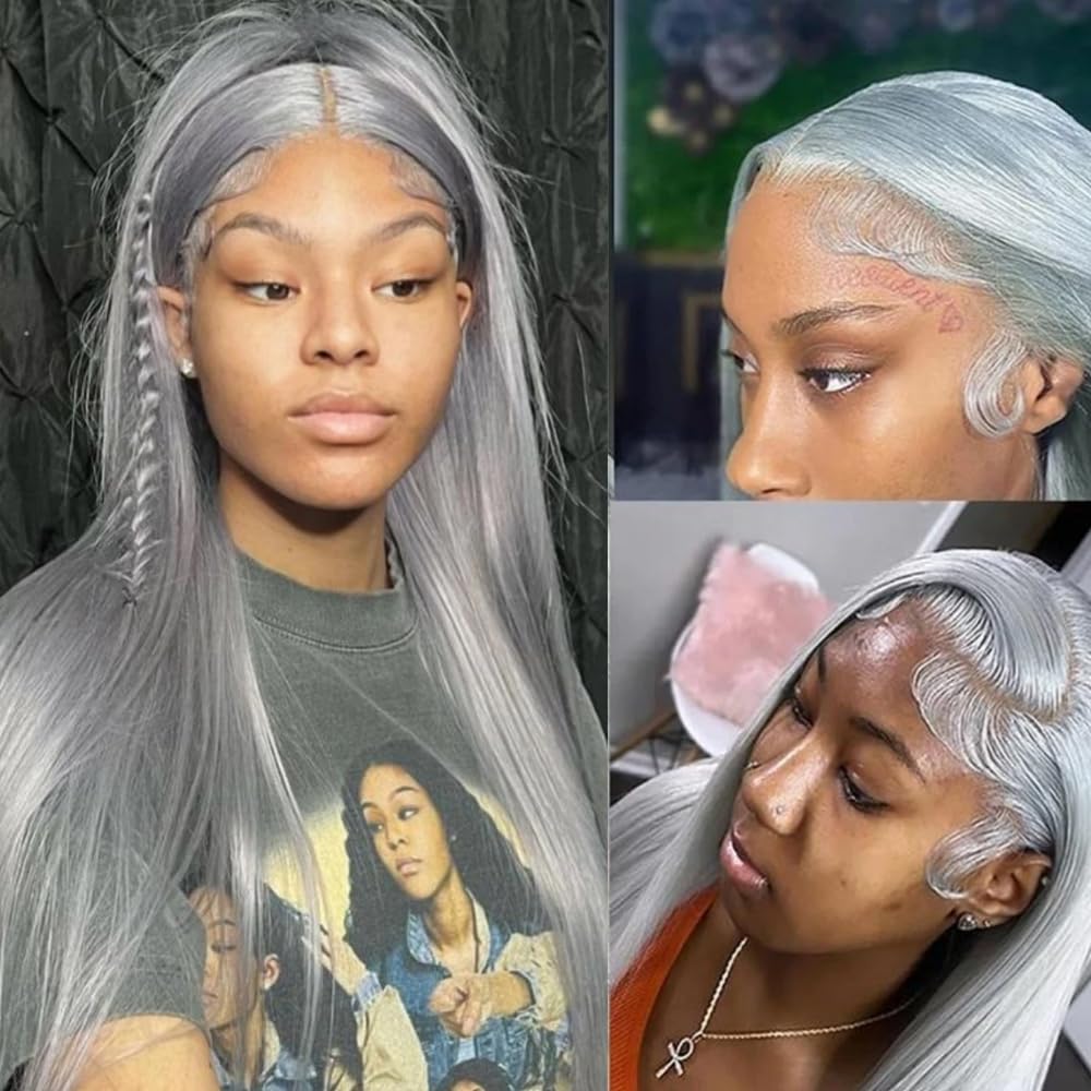 SOSEXY Grey Lace Front Wigs Human Hair 13x4 HD Transparent Straight Lace Frontal Wigs 180% Density Human Hair Wigs for Women Pre Plucked with Baby Hair Gray Wig