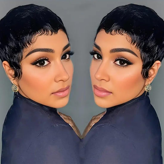 Yviann Pixie Cut Wig Human Hair Short Pixie Wigs for Black Women Human Hair Glueless Full Machine Made Wig Glueless Wear and Go Natural black 1B