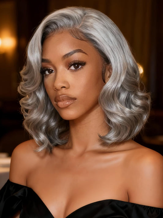 UNICE Side Part Blowout Layered Bob Human Hair Wig 6.5x5x1.5 Lace Salt and Pepper Grey Glueless Wigs Pre Plucked Pre Cut Lace Put on and Go 8 Inch