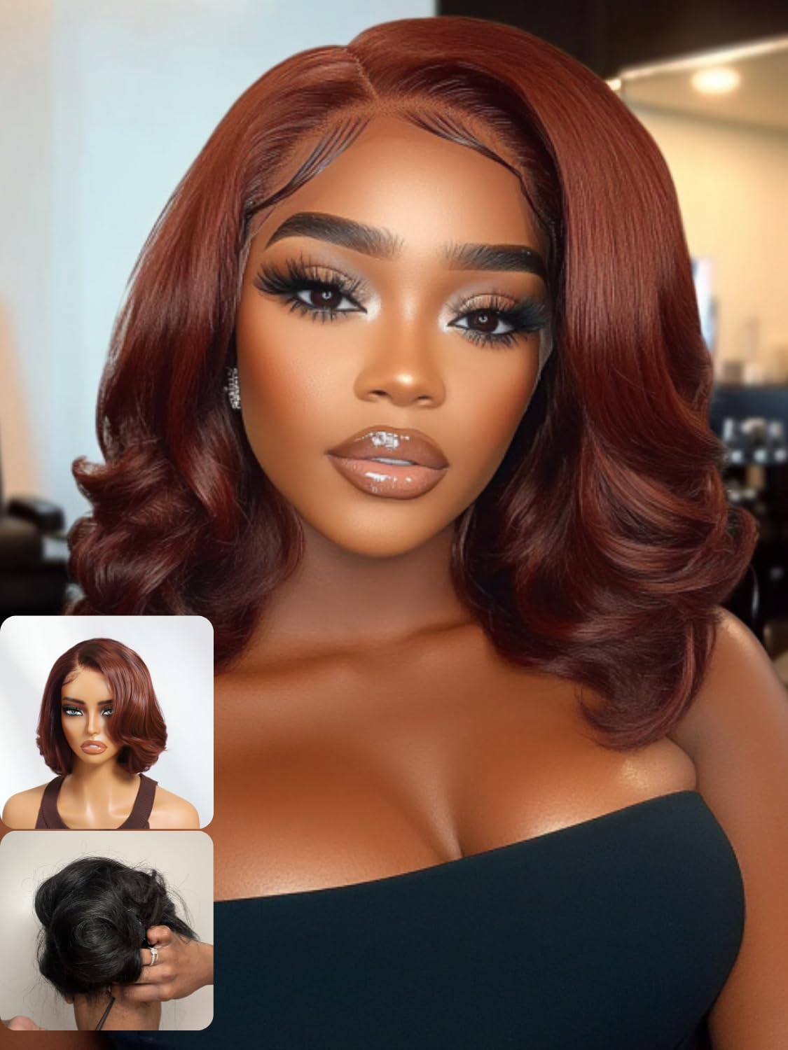 Nadula Bye Bye Knots Reddish Brown Short Body Wave Bob Drawstring Wig human Hair with Face Framing Layers Bangs, Glueless Pre Cut 7x5 HD Lace Front Wig Pre Plucked Ready to Wear Wavy Bob Wig 12inch