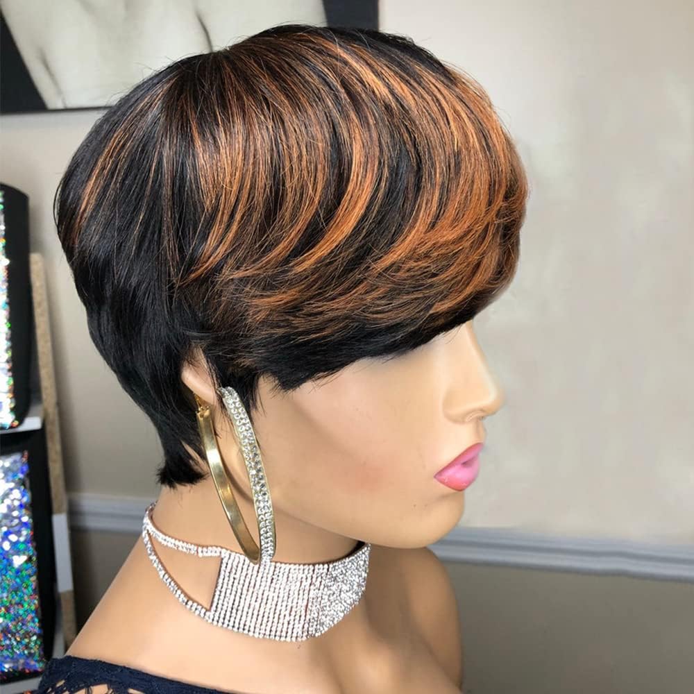 Flandi Pixie Cut Wigs for Black Women Pixie Cut Wig Human Hair Short Layered Wigs Full Machine Made Short Haircut Wig Glueless with Bangs Black with Brown F1B33