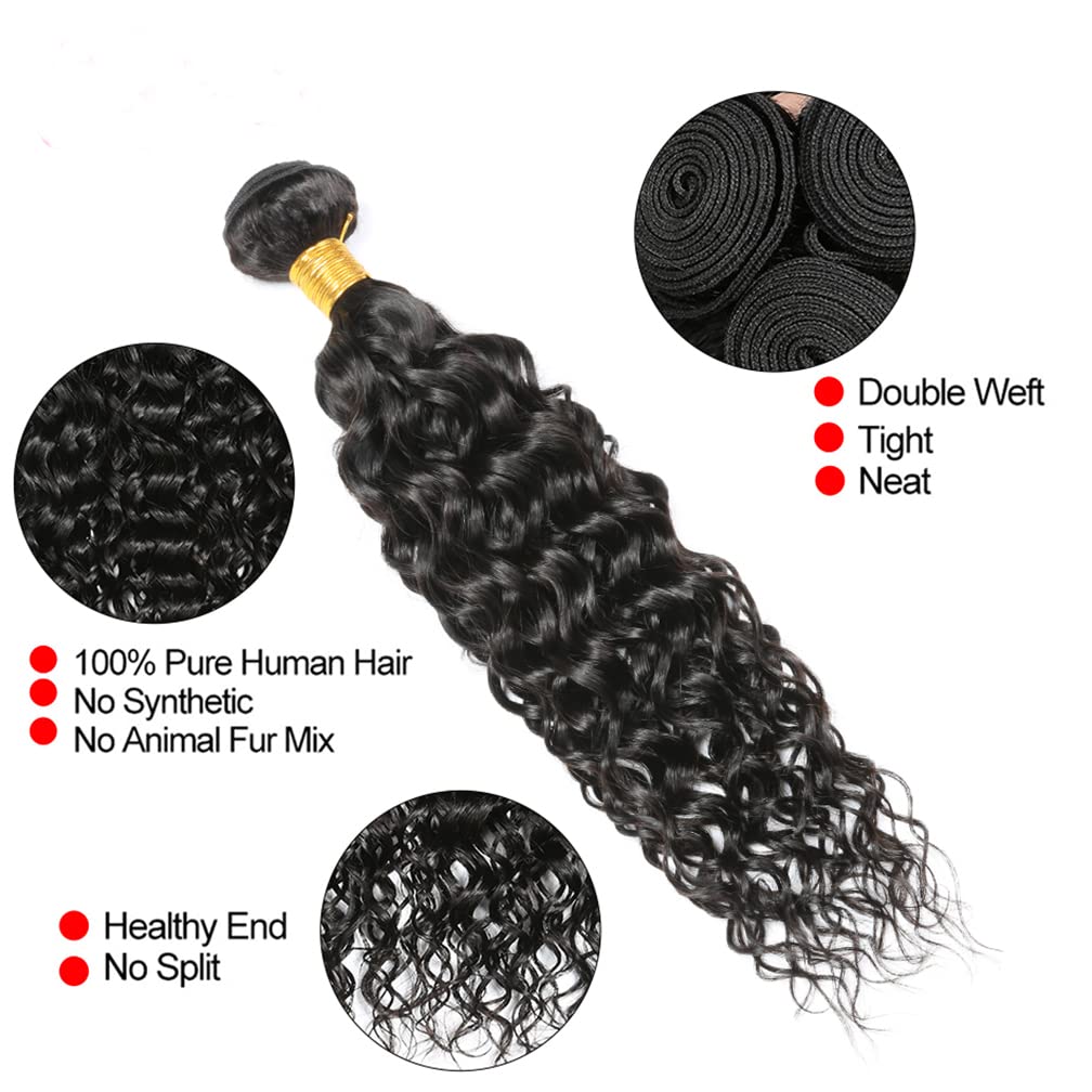 Borchan Water Wave 4 Bundles Human Hair with 4x4 Free Part Closure (24 26 28 30+22) Ocean Wave Wet and Wavy Bundles with Lace Closure Pre Plucked with Baby Hair Natural Color