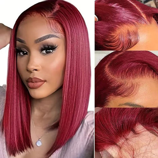 Hoscod Brazilian Burgundy 13x4 HD Transparent Lace Front Wig Human Hair 99J Bob Glueless Pre Plucked 180% Density for Women 16 Inch