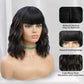 14 Inch Black Mixed Brown Highlights Wigs for Women Short Wavy Curly Wig With Bangs Natural Looking Synthetic Hair Wigs Heat Resistant Fiber Wig for Daily Party (Black Mixed Brown)